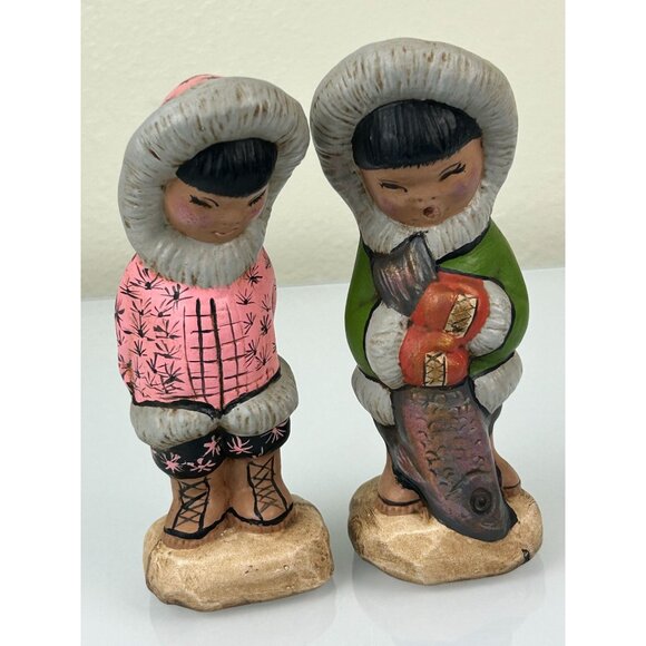 Eskimo Ceramic Hand Painted Girl & Boy Figures, Set of 2 Alaskan Winter Art - Picture 15 of 15